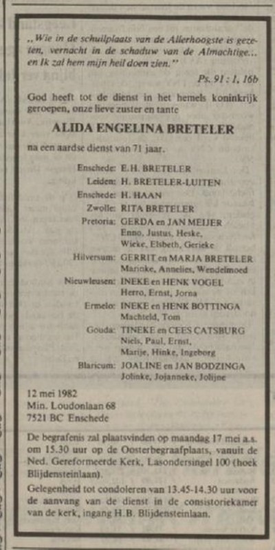 Minister Loudonlaan 68 A.E. Breteler overlijdensadvertentie Ned. dagblad Geref. gezinsblad 14-5-1982.jpg