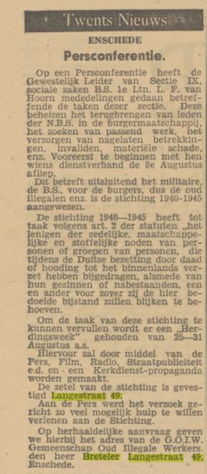 Langestraat 49 Breteler Stichting 1940-1945 krantenbericht De Waarheid 13-8-1945.jpg