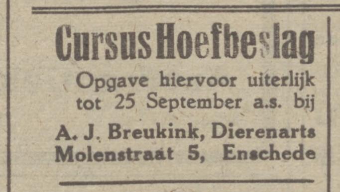Molenstraat 5 Dierenarts A.J.  Breukink advertentie Tubantia 19-9-1942.jpg
