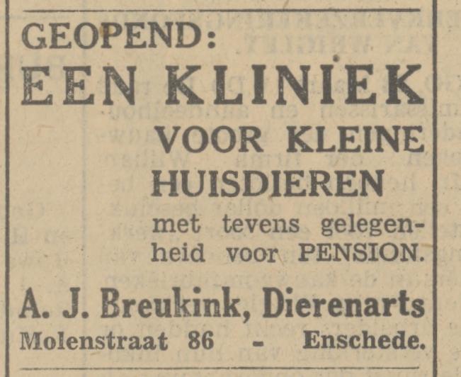 Molenstraat 5 Dierenarts A.J.  Breukink advertentie Tubantia 28-3-1934.jpg