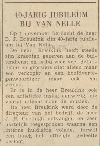 B.J. Breukink hoofdvertegenwoordiger Fa. Van Nelle krantenbericht 16-4-1969.jpg