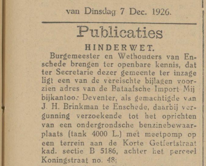 Koningstraat 48 Korte Getfertstraat ondergrondse benzinebewaarplaats krantenbericht Tubantia 7-12-1926.jpg