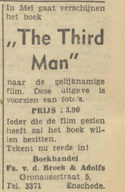 Gronausestraat 5 Fa. Boekhandel v.d. Broek & Adolfs advertentie Tubantia 1-4-1950.jpg
