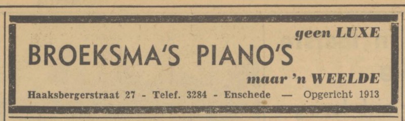 Haaksbergerstraat 27 Broeksma's piano's advertentie Tubantia 17-12-1951.jpg