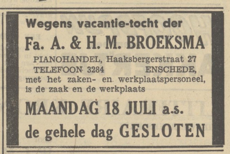 Haaksbergerstraat 27 Fa. A. & H.M. Broeksma pianohandel advertentie Tubantia 16-7-1949.jpg