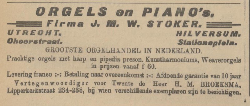 Lipperkerkstraat 234-238 H.M. Broeksma vertegenwoordiger Weaver Orgels advertentie Tubantia 1-4-1909.jpg