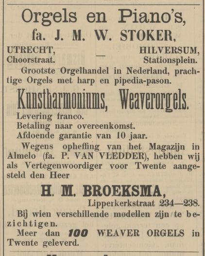 Lipperkerkstraat 234-238 H.M. Broeksma vertegenwoordiger Weaver Orgels advertentie Tubantia 16-2-1909.jpg