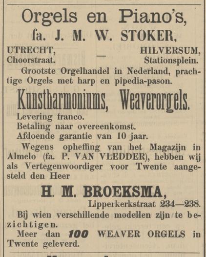 Lipperkerkstraat 234-238 H.M. Broeksma vertegenwoordiger Weaver Orgels advertentie Tubantia 16-2-1909.jpg