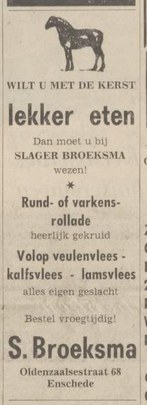 Oldenzaalsestraat 68 S. Broeksma slager advertentie Tubantia 21-12-1966.jpg