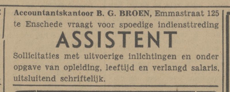 Emmastraat 125 B.G. Broen Accountantskantoor advertentie Tubantia 10-1-1948.jpg