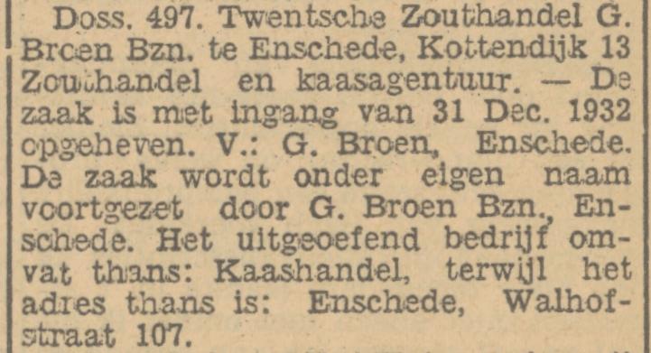 Walhofstraat 107 G. Broen Bzn. Kaashandel krantenbericht Tubantia 28-1-1933.jpg