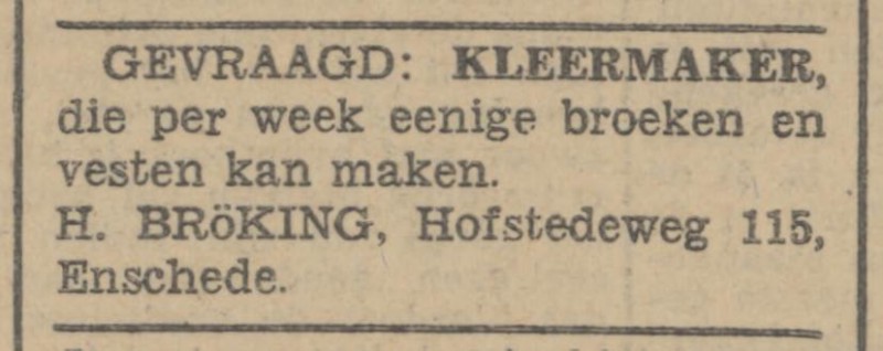 Hofstedeweg 115 H. Bröking advertentie Tubantia 9-6-1942.jpg