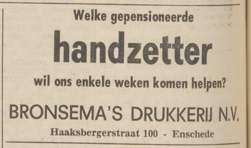 Haaksbergerstraat 100 Bronsema's Drukkerij advertentie Tubantia 6-4-1967.jpg