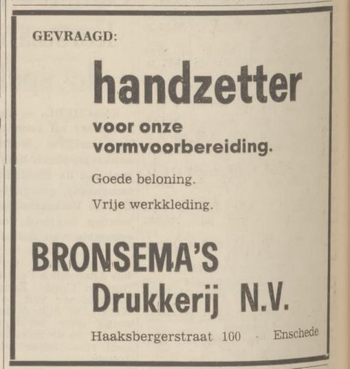 Haaksbergerstraat 100 Bronsema's Drukkerij advertentie Tubantia 10-12-1966.jpg