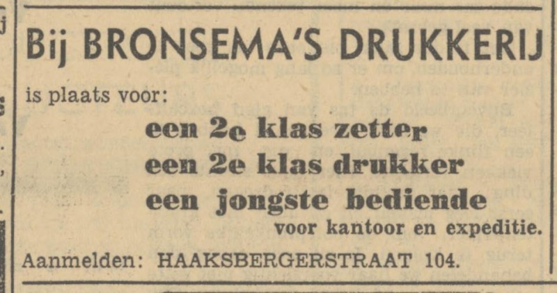 Haaksbergerstraat 104 Bronsema's Drukkerij advertentie Tubantia 4-11-1950.jpg