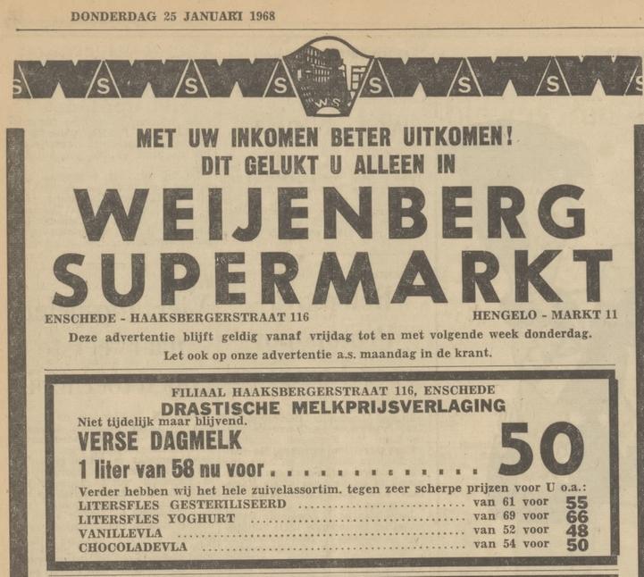 Haaksbergerstraat 116 Weijenberg Supermarkt advertentie Tubantia 25-1-1968.jpg