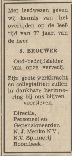 S. Brouwer bedrijfsleider ververij N.J. Menko N.V. overlijdensadvertentie Tubantia 24-9-1966.jpg
