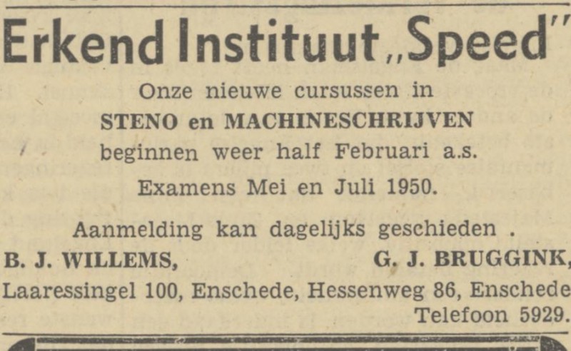 Hessenweg 86 G.J. Bruggink Erkend Instituut Speed advertentie Tubantia 13-2-1950.jpg