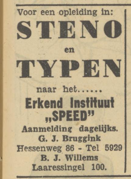 Hessenweg 86 G.J. Bruggink Erkend Instituut Speed advertentie Tubantia 13-4-1950.jpg