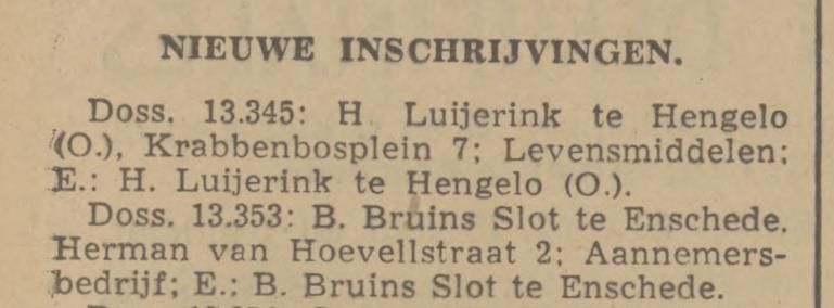 Herman van Hoevellstraat 2 Aannemersbedrijf Bruins Slot krantenbericht Tubantia 6-3-1942.jpg