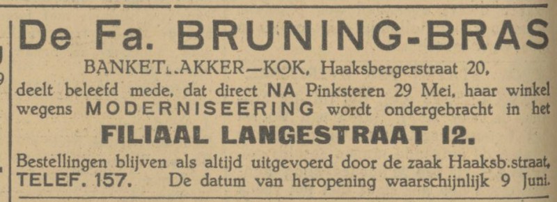 Haaksbergerstraat 20 Fa. Bruning-bras Banketbakker advertentie Tubantia 25-5-1928.jpg