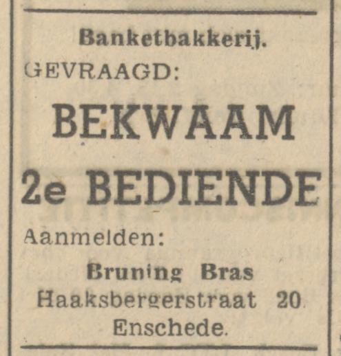 Haaksbergerstraat 20  Bruning-bras Banketbakkerij advertentie Tubantia 27-5-1948.jpg