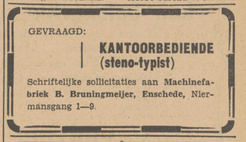 Niermansgang 1-9 Machinefabriek B. Bruningmeijer advertentie Tubantia 10-7-1948.jpg
