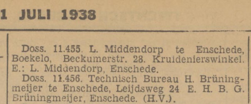 Leijdsweg 24 H. Brüningmeijer Technisch Bureau krantenbericht Tubantia 1-7-1938.jpg