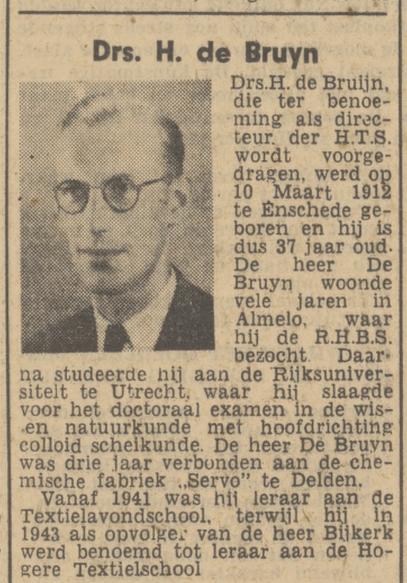 H. de Bruijn directeur HTS krantenbericht Tubantia 29-6-1949.jpg