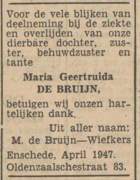 Oldenzaalsestraat 83 M. de Bruijn advertentie Tubantia 21-4-1947.jpg
