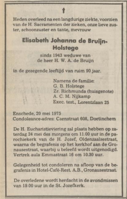 E.J. de Bruijn-Holstegeoverlijdensadvertentie Tubantia 22-5-1975.jpg