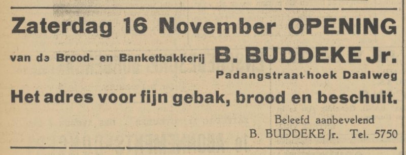 Padangstraat hoek Daalsweg B. Buddeke Jr. Banketbakkerij advertentie Tubantia 13-11-1935.jpg