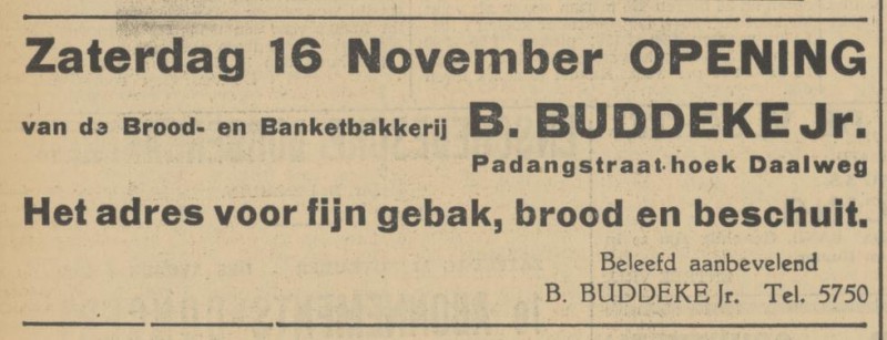 Padangstraat hoek Daalsweg B. Buddeke Jr. Banketbakkerij advertentie Tubantia 13-11-1935.jpg