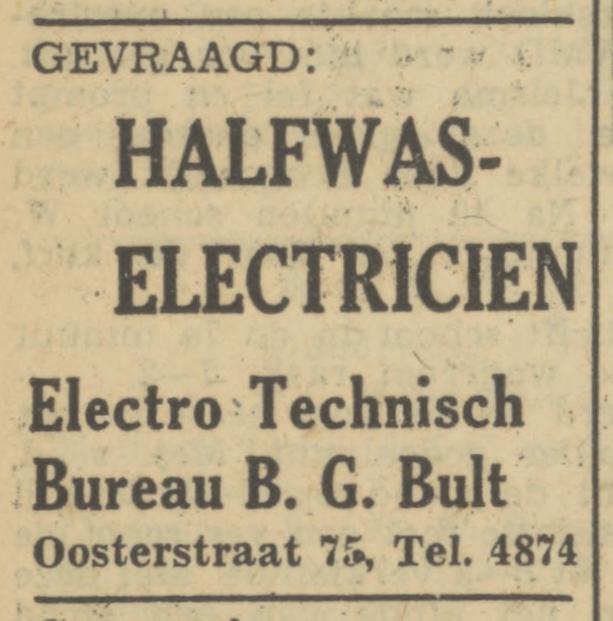 Oosterstraat 75 B,G. Bult Electro Technisch Bureau advertentie Tubantia 8-6-1950.jpg