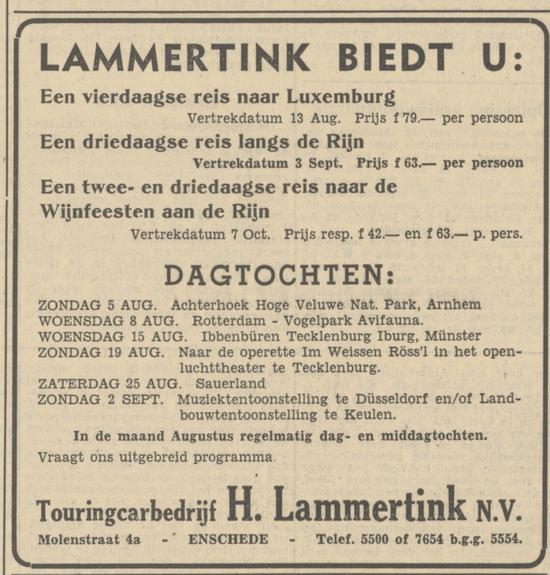 Molenstraat 4A Touringcarbedrijf H. Lammertink N.V. advertentie Tubantia 4-8-1951.jpg