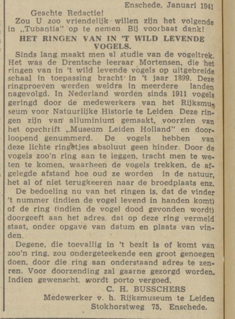 Stokhorstweg 75 C.H. Busschers krantenbericht Tubantia 20-1-1941.jpg