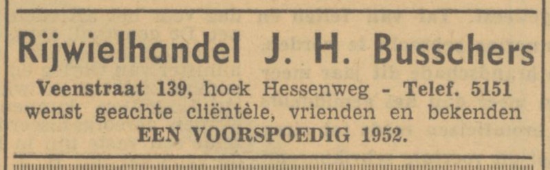 Veenstraat 139 hoek Hessenweg J.H. Busschers rijwielhandel advertentie Tubantia 31-12-1951.jpg