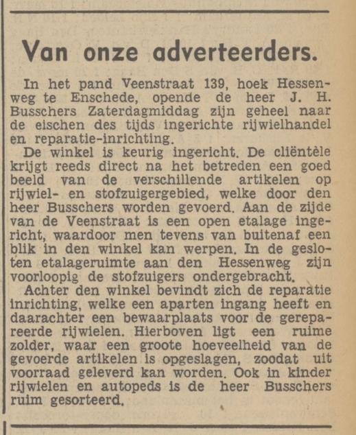 Veenstraat 139 hoek Hessenweg J.H. Busschers rijwielhandel krantenbericht Tubantia 19-4-1938.jpg