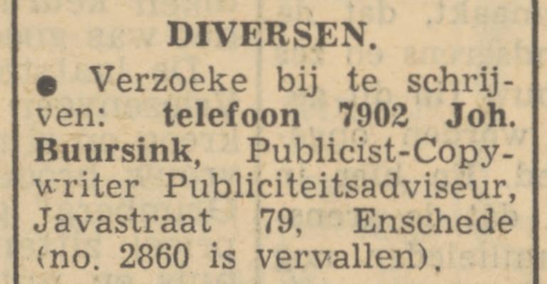 Javastraat 79 Joh. Buursink Publicist advertentie Tubantia 22-7-1950.jpg