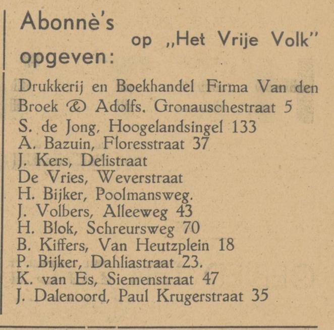 Dahliastraat 23 P. Bijker krantenbericht Vrije Volk 3-4-1945.jpg