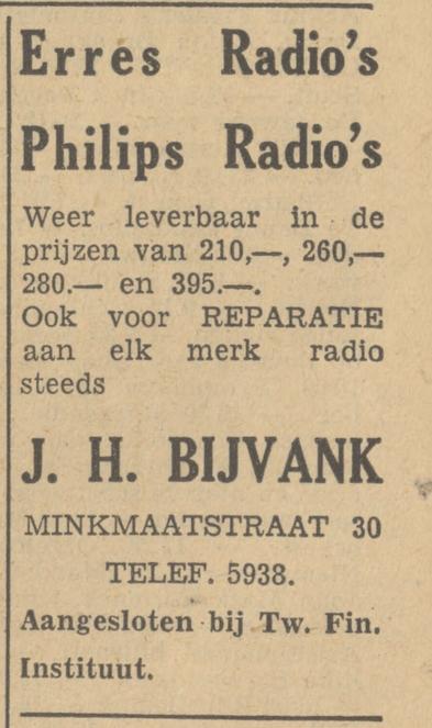 Minkmaatstraat 30 J.H. Bijvank advertentie Tubantia 29-9-1949.jpg