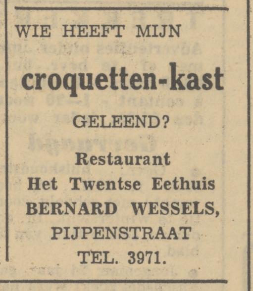 Pijpenststraat Het Twentse Eethuis Restaurant Bernard Wessels advertentie Tubantia 14-12-1950.jpg