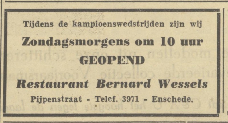 Pijpenststraat Restaurant Bernard Wessels advertentie Tubantia 22-4-1950.jpg