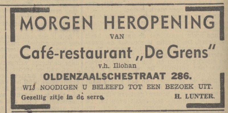 Oldenzaalsestraat 286 cafe De Grens H. Lunter advertentie Tubantia 25-5-1938.jpg