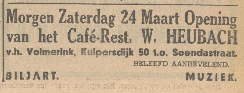 Kuipersdijk 50 tegenover Soendastraat Cafe Restaurant W. Heubach advertentie Tubantia 22-3-35.jpg