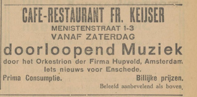 Menistenstraat 1-3 cafe restaurant Fr.Keijser advertentie Tubantia 6-7-1928.jpg