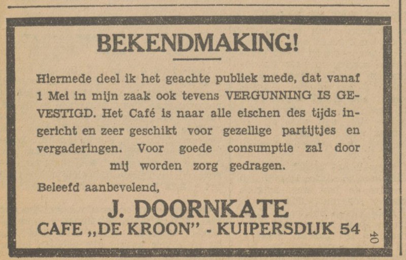 Kuipersdijk 54 cafe De Kroon J. Doornkate advertentie Tubantia 29-4-1930.jpg