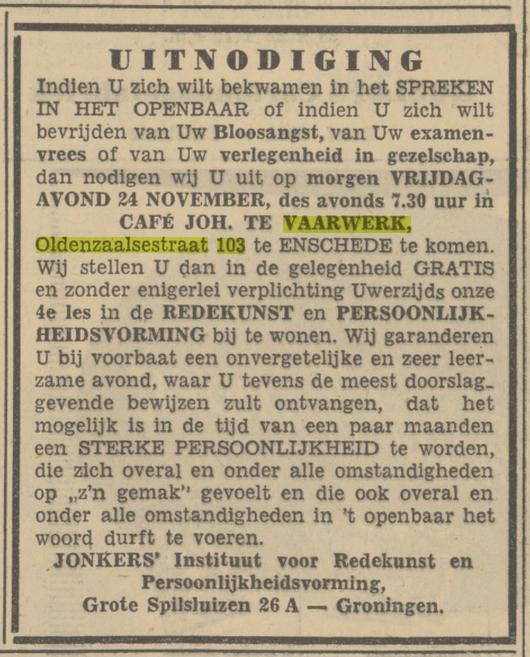 Oldenzaalsestraat 103 cafe Joh. te Vaarwerk advertentie Tubantia 23-11-1950.jpg