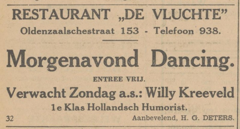 Oldenzaalsestraat 153 Restaurant De Vluchter H.G. Deters advertentie Tubantia 6-1-1931.jpg