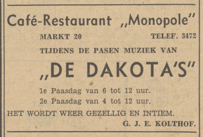 Markt 20 cafe restaurant Monopole G.J.E. Kolthof advertentie Tubantia 16-4-1949.jpg